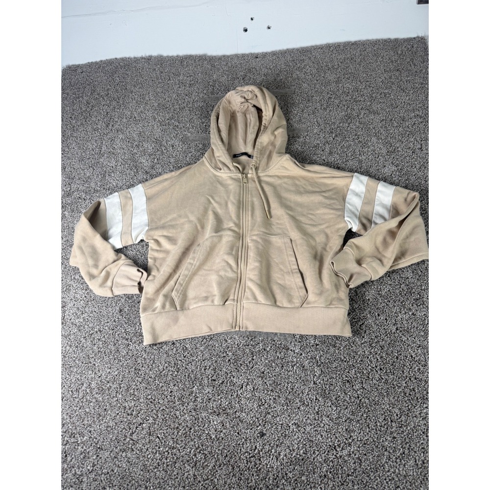 Pool Kids Tan Full Zip Hoodie Varsity Stripe Sleeve Beige Sweatshirt Size M